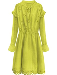 MADE IN ITALY Bawełniana sukienka z haftem limonkowa (303art)