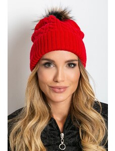 ModaMia Czerwona czapka ze ściągaczem i futrzanym pomponem