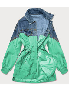 PREMIUM Damska kurtka jeans denim z łączonych materiałów niebiesko-zielona (pffs12233)