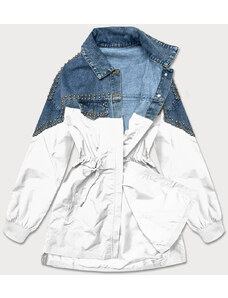 PREMIUM Damska kurtka jeans denim z łączonych materiałów niebiesko-biała (pffs12233)