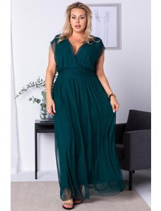 KARKO Ekskluzywna sukienka tiulowa długa plus size MANUELA butelkowa zieleń