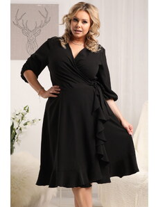 KARKO Sukienka wieczorowa kopertowa elegancka z falbanką IRIS wiązana czarna