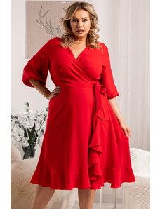 KARKO Sukienka na święta kopertowa elegancka z falbanką IRIS wiązana czerwona