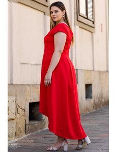 KARKO Sukienka asymetryczna elegancka z błyszczącą tasiemką SYNTIA czerwona PROMOCJA