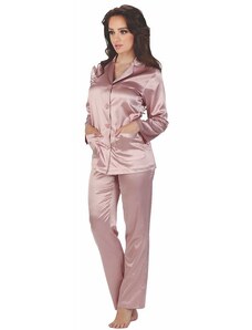 De Lafense Damska satynowa piżama Classic długa jasno różowa