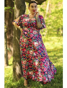 KARKO Sukienka zwiewna wiązana w pasie long DRAGONA w bukiety kwiatów na granatowym tle