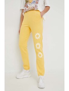 Billabong spodnie dresowe bawełniane X SMILEY damskie kolor żółty z nadrukiem