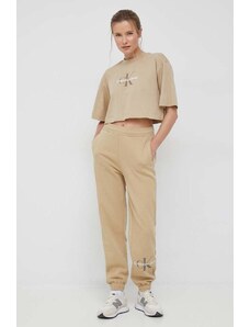 Calvin Klein Jeans spodnie dresowe damskie kolor beżowy z nadrukiem