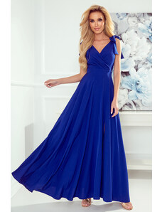 Numoco Maxi sukienka z dekoltem i wiązanymi ramionami- niebieska - Rozmiar: S