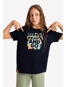Volcano Czarna dziewczęca koszulka z kolorowym nadrukiem T-READY JUNIOR