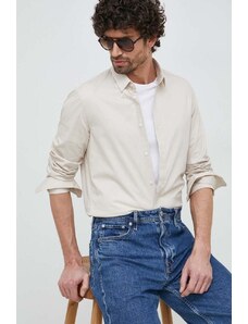 Calvin Klein koszula męska kolor beżowy slim z kołnierzykiem klasycznym