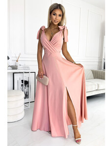 Numoco Maxi sukienka z dekoltem i wiązanymi ramionami- jasnoróżowa - Rozmiar: S