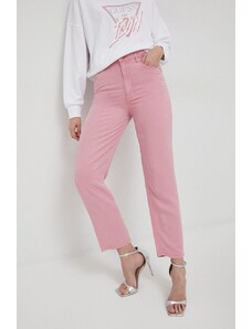 Guess spodnie damskie kolor różowy proste high waist