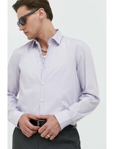 HUGO koszula bawełniana męska kolor fioletowy slim z kołnierzykiem klasycznym