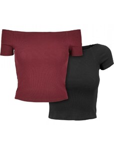 URBAN CLASSICS Ladies Off Shoulder Rib Tee 2-Pack - redwine+black