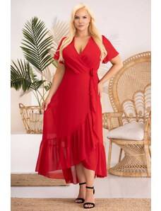 KARKO Sukienka elegancka szyfonowa kopertowa z falbaną GRACE czerwona