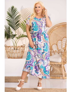 KARKO Sukienka letnia przewiewna dzianina wiskozowa IWONA niebiesko-fioletowe wzory