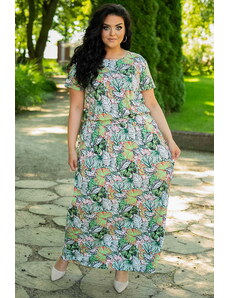 KARKO Sukienka long dzianinowa z kieszonkami IWONA kwiaty i liście na zielonym tle