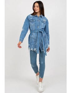 ModaMia Niebieska długa kurtka jeansowa z dziurami