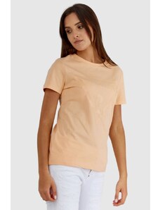 GUESS Brzoskwiniowy t-shirt damski z trójkątnym logo, Wybierz rozmiar L