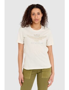 AERONAUTICA MILITARE Kremowy t-shirt damski z orłem wykonanym z dżetów, Wybierz rozmiar XS