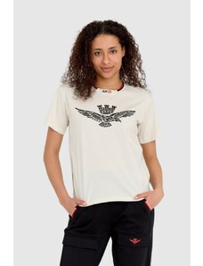 AERONAUTICA MILITARE Kremowy luźny t-shirt damski z wypukłym orłem Comfort Fit, Wybierz rozmiar XS