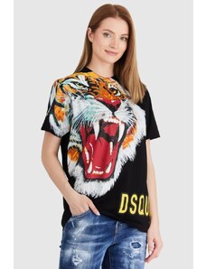 DSQUARED2 Czarny t-shirt damski z tygrysem, Wybierz rozmiar L