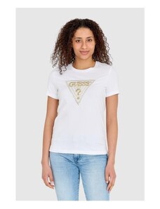 GUESS Biały t-shirt damski ze złotym haftowanym cyrkoniami logotypem slim fit, Wybierz rozmiar S