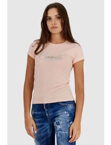 GUESS Brzoskwiniowy t-shirt damski z brokatowym logo, Wybierz rozmiar M