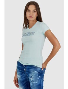 GUESS Błękitny t-shirt damski z metalicznym logo i cyrkoniami, Wybierz rozmiar S