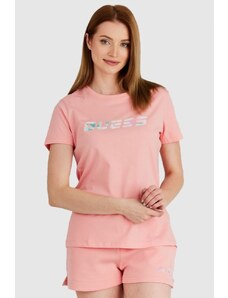 GUESS Brzoskwiniowy t-shirt damski z kolorowym logo, Wybierz rozmiar L
