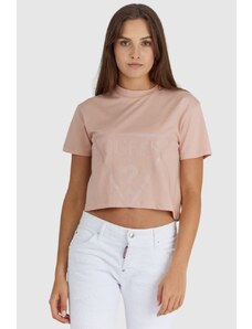 GUESS Krótki różowy t-shirt damski z logo, Wybierz rozmiar M