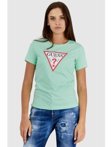 GUESS Zielony t-shirt damski z trójkątnym logo, Wybierz rozmiar S