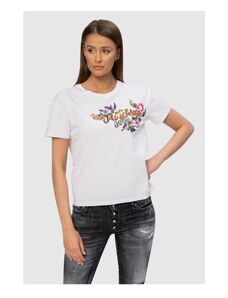 MOSCHINO Biały t-shirt z logo i kwiatami, Wybierz rozmiar S