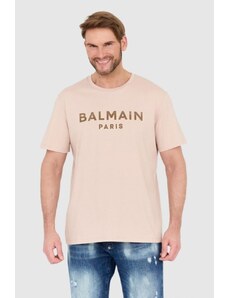 BALMAIN Beżowy t-shirt z aksamitnym logo flock and foil, Wybierz rozmiar 2XL