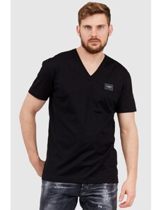 Dolce and Gabbana DOLCE & GABBANA Czarny t-shirt męski w serek z aplikacją z logo, Wybierz rozmiar 46