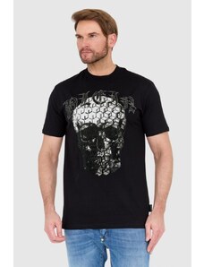 PHILIPP PLEIN Czarny t-shirt zdobiony dżetami z czaszką i logo, Wybierz rozmiar S
