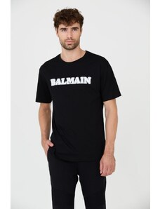 BALMAIN Czarny t-shirt z białym logo Retro Balmain Flock, Wybierz rozmiar S