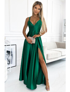Numoco Maxi satynowa sukienka z dekoltem - zieleń butelkowa - Rozmiar: XS