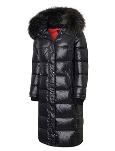 ROCKANDBLUE FARROW COAT 110 cm - Czarny puchowy płaszcz z kapturem i kołnierzem z jenota