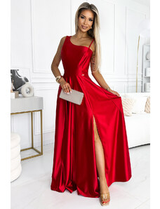 Numoco Satynowa długa sukienka na jedno ramię - czerwona - Rozmiar: S