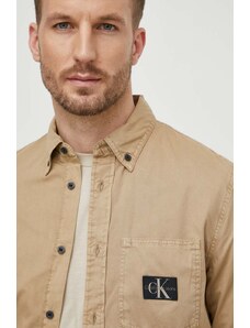 Calvin Klein Jeans koszula bawełniana męska kolor beżowy regular z kołnierzykiem button-down