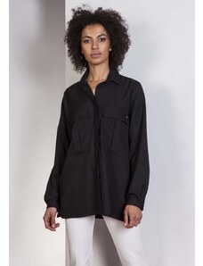Lanti Koszula oversize z ozdobnymi kieszeniami - czarna - Rozmiar: S/M