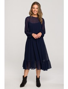 Style Szyfonowa sukienka midi z długim rękawem - Granatowa - Rozmiar: S