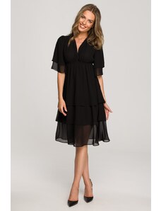 Style Rozkloszowana sukienka z falbankami i dekoltem - Czarna - Rozmiar: S
