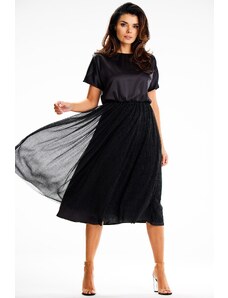 Awama Rozkloszowana sukienka midi z dołem z siatki - czarna - Rozmiar: S