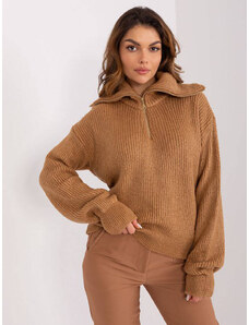Factory Price Luźny sweter damski z rozpinanym golfem camel (0374)
