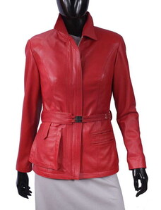 MJA461 - długa czerwona kurtka damska wiązana w pasie DORJAN
