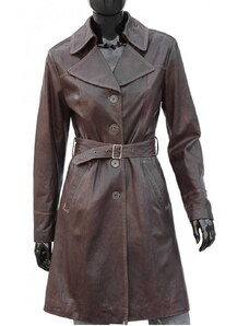 KRN255 - klasyczny brązowy płaszcz skórzany damski z kołnierzem DORJAN