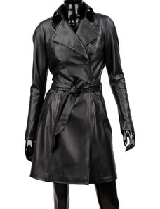 WIA450 - czarny dwurzędowy płaszcz skórzany damski z paskiem DORJAN